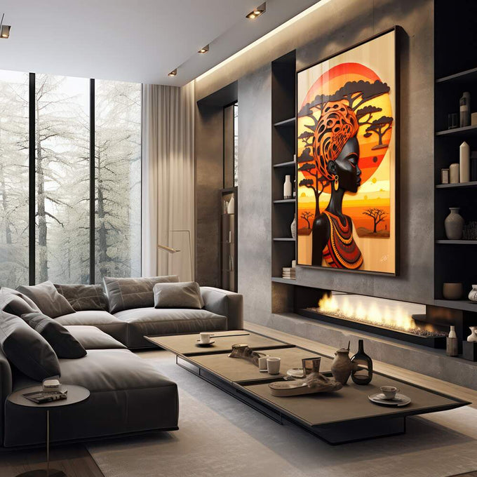 Quadro Decorativo Étnico e Elegante Rainha Africana - quadros decorativos para sala 1 Tela Vertical, 3 Telas - em living room premium