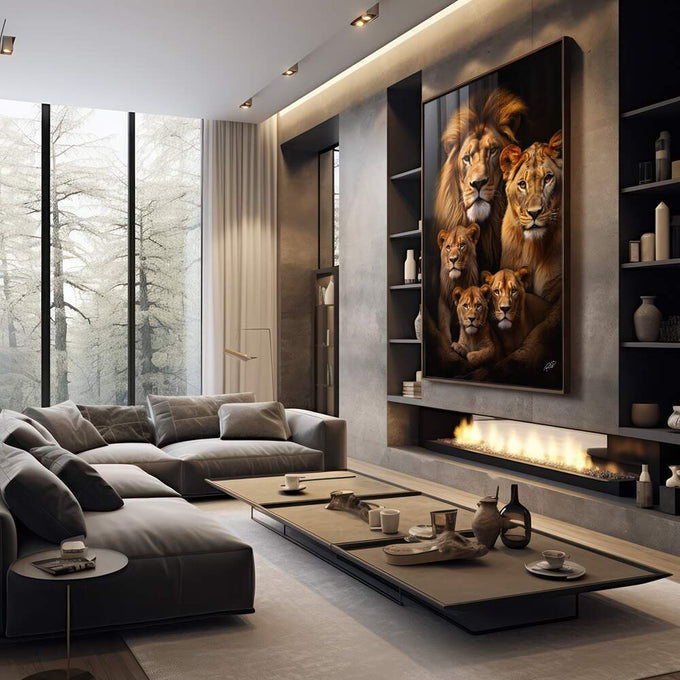 Quadro Decorativo Família de Leão com 3 Filhotes - quadros decorativos para sala 1 Tela Vertical, 3 Telas - em living room premium