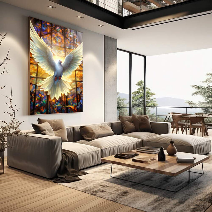 Quadro Decorativo Pomba Sagrada - Arte Elegante para Sua Decoração - quadros decorativos para sala 1 Tela Vertical, 3 Telas - em living room premium