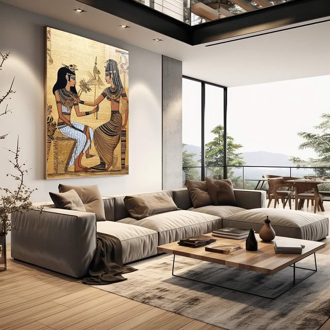 Quadro Decorativo de Mitologia Egípcia - Arte Exclusiva para sua Casa - quadros decorativos para sala 1 Tela Vertical, 3 Telas - em living room premium
