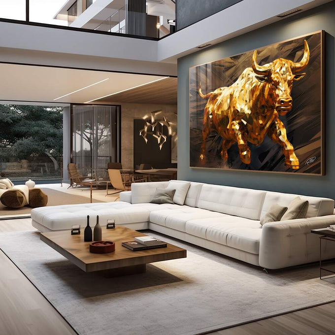 Quadro Decorativo Touro de Wall Street Dourado - Elegância e Prosperidade para Sua Decoração - quadros decorativos para sala 1 Tela, 1 Tela Horizontal - em living room premium