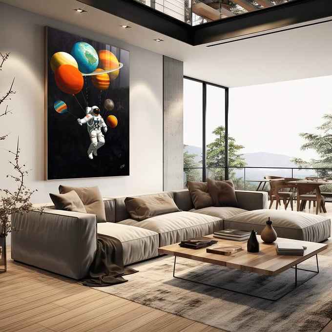 Quadro Decorativo Astronauta com Sistema Solar: Arte Espacial em Canvas - quadros decorativos para sala 1 Tela Vertical, 3 Telas - em living room premium