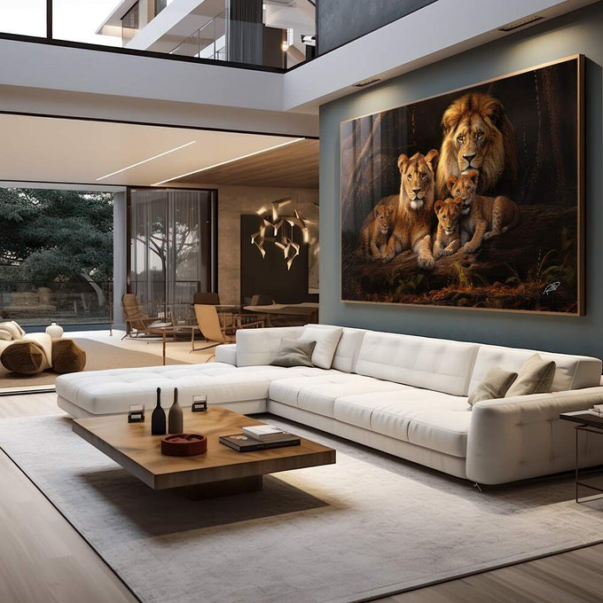 Quadro Decorativo Família de Leão com 3 Filhotes - Ternura e Estilo para sua Decoração - quadros decorativos para sala 1 Tela, 1 Tela Horizontal - em living room premium