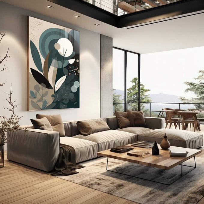 Quadro Decorativo Folhas Tropicais Modernas - Sofisticação e Natureza para seu Ambiente - quadros decorativos para sala 1 Tela Vertical, 3 Telas - em living room premium