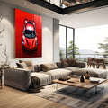 Ferrari vermelha esportiva vista de cima com faróis acesos sobre fundo vermelho, quadro decorativo