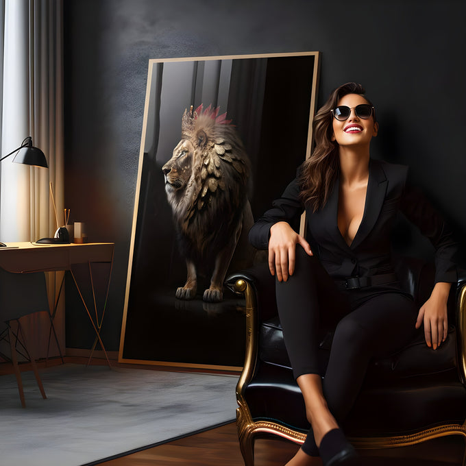 Leão de perfil com coroa dourada, penas vermelhas e juba de folhas douradas em fundo preto, quadro decorativo