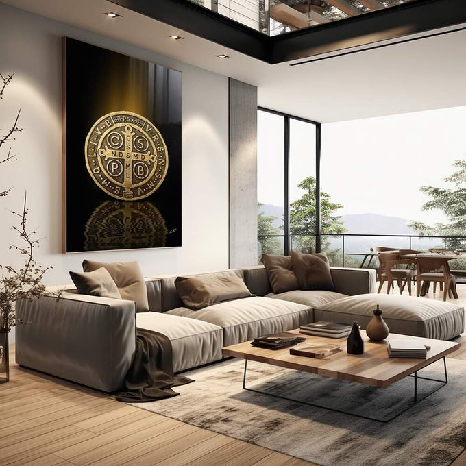 Quadro Decorativo Medalha de São Bento - Elegância e Tradição em Tecido Canvas - quadros decorativos para sala 1 Tela Vertical, 3 Telas - em living room premium