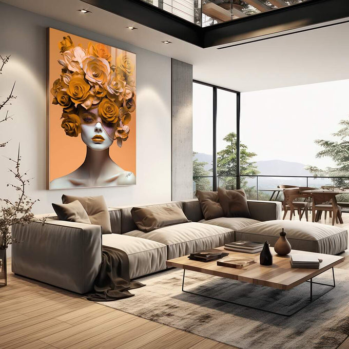 Quadro Decorativo Elegante Mulher com Flores - Toque Sofisticado para Sua Decoração - quadros decorativos para sala 1 Tela Vertical, 3 Telas - em living room premium