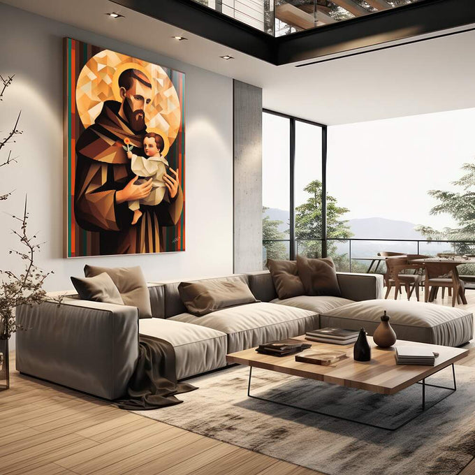 Quadro Decorativo Santo Antônio Geométrico - Sofisticação e Estilo para Seu Ambiente - quadros decorativos para sala 1 Tela Vertical, 3 Telas - em living room premium
