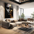 Quadro Decorativo Contemporâneo Rosto Metade Dourado e Metade Preto e Branco - quadros decorativos para sala 1 Tela Vertical, 3 Telas - em living room premium