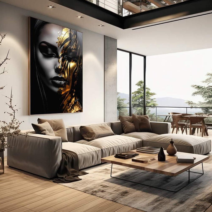 Quadro Decorativo Contemporâneo Rosto Metade Dourado e Metade Preto e Branco - quadros decorativos para sala 1 Tela Vertical, 3 Telas - em living room premium