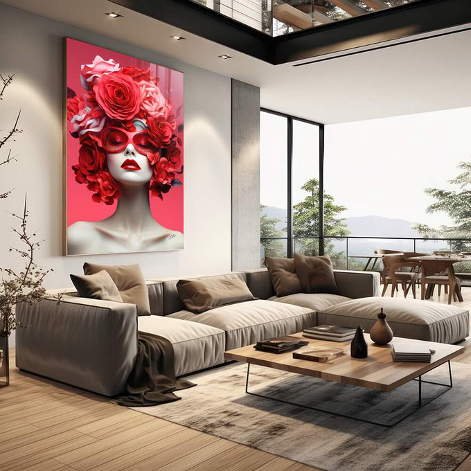Quadro Decorativo Mulher com Flores - quadros decorativos para sala 1 Tela Vertical, 3 Telas - em living room premium