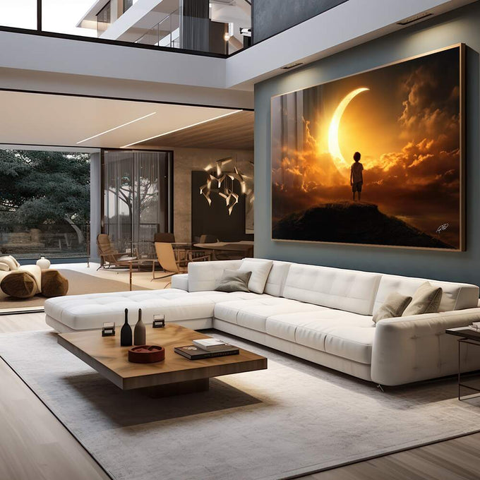 Quadro Decorativo Menino Sonhador: Lua ao Pôr do Sol - Arte Elegante para sua Decoração - quadros decorativos para sala 1 Tela, 1 Tela Horizontal - em living room premium