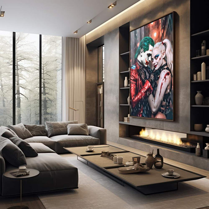 Quadro Decorativo Coringa e Arlequina Colorido: Arte Moderna em Tela Premium - quadros decorativos para sala 1 Tela Vertical, 3 Telas - em living room premium