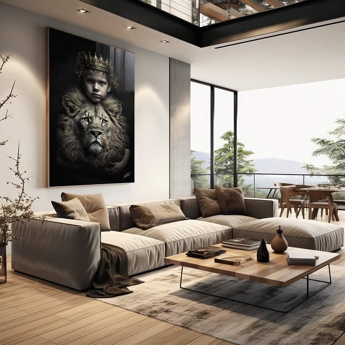 Quadro Decorativo Premium Boy Crown com Leão - Elevando sua Decoração - quadros decorativos para sala 1 Tela Vertical, 3 Telas - em living room premium