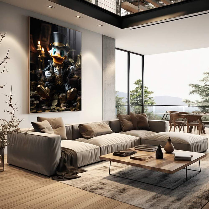 Quadro Decorativo Tio Pato: Moedas de Ouro - Elegância e Estilo para Sua Casa - quadros decorativos para sala 1 Tela Vertical, 3 Telas - em living room premium
