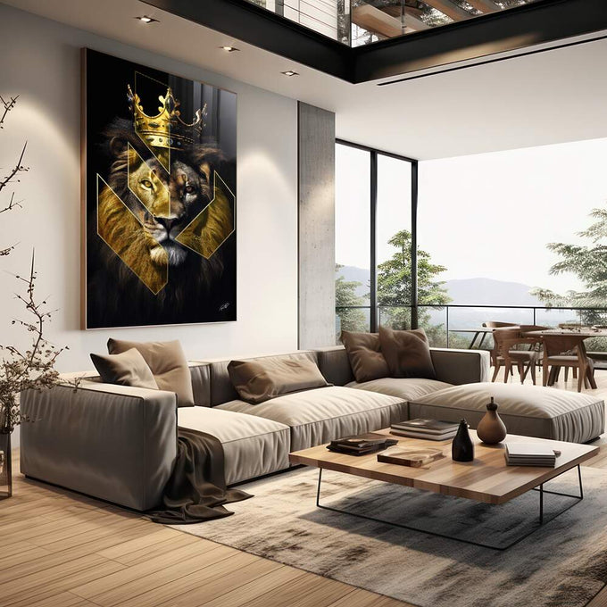 Quadro Decorativo Leão Estilizado: Arte Sofisticada para sua Casa - quadros decorativos para sala 1 Tela Vertical, 3 Telas - em living room premium