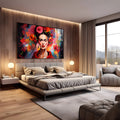 Retrato de Frida Kahlo com rosas no cabelo, blusa vermelha e fundo de manchas coloridas, quadro decorativo