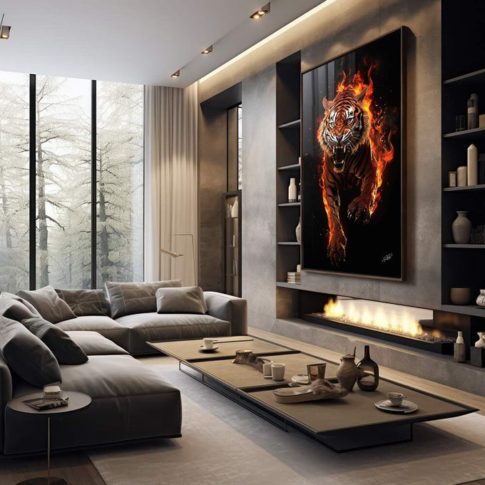 Quadro Decorativo A Fúria do Tigre - Arte Vibrante para Ambientes Eletrizantes - quadros decorativos para sala 1 Tela Vertical, 3 Telas - em living room premium