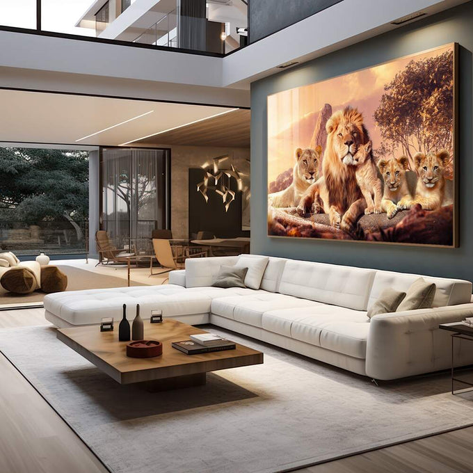Quadro Decorativo Família de Leões com Filhotes - Elegância e Sofisticação para Sua Decoração - quadros decorativos para sala 1 Tela, 1 Tela Horizontal - em living room premium