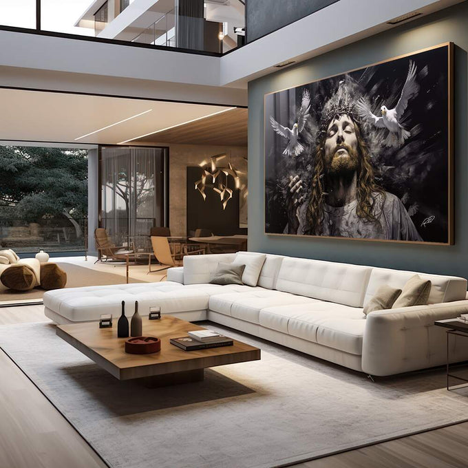 Quadro Decorativo Jesus - Elegância e Espiritualidade em Tecido Canvas Dourado - quadros decorativos para sala 1 Tela, 1 Tela Horizontal - em living room premium