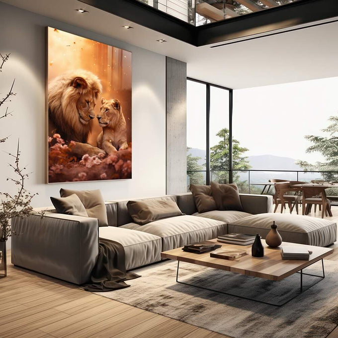 Quadro Decorativo Casal de Leões - Arte Sofisticada para sua Casa - quadros decorativos para sala 1 Tela Vertical, 3 Telas - em living room premium