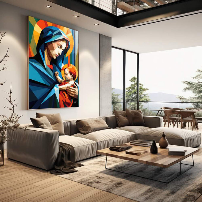 Quadro Decorativo Geométrico Maria e Jesus - Elegância e Sofisticação para Sua Decoração - quadros decorativos para sala 1 Tela Vertical, 3 Telas - em living room premium