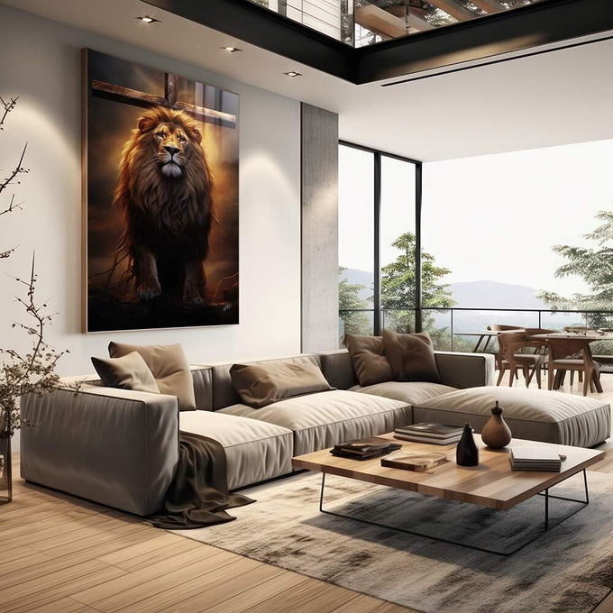 Quadro Decorativo Leão e Cruz - Arte Elegante para Transformar seu Espaço - quadros decorativos para sala 1 Tela Vertical, 3 Telas - em living room premium