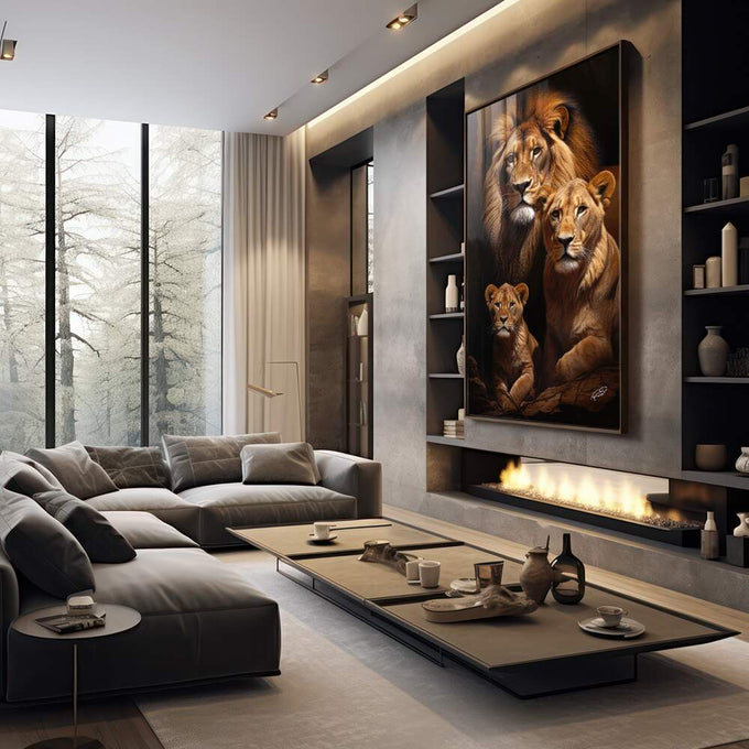 Quadro Decorativo Família de Leão com Filhote - Elegância e Sofisticação para sua Casa - quadros decorativos para sala 1 Tela Vertical, 3 Telas - em quarto contemporaneo
