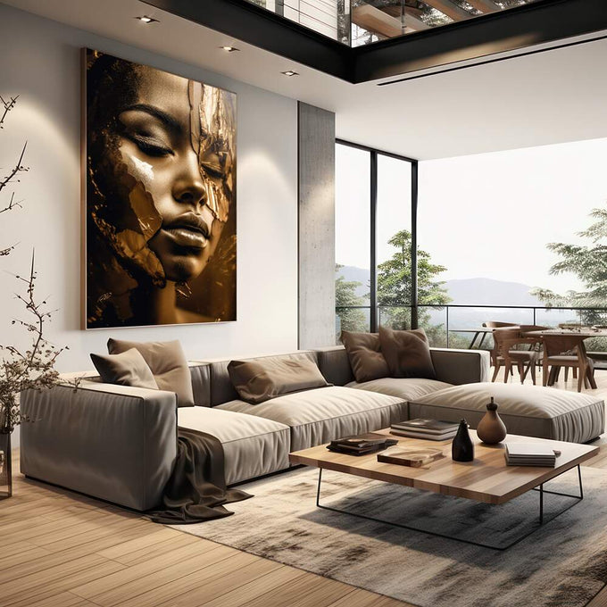 Quadro Decorativo Elegante Golden Face 2 - Arte Moderna para Sua Casa - quadros decorativos para sala 1 Tela Vertical, 3 Telas - em living room premium