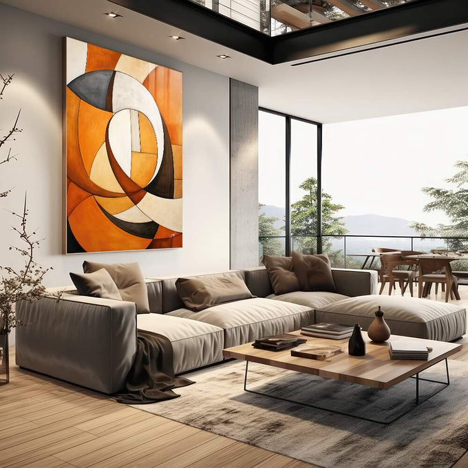 Quadro Decorativo Boho Arte Geométrica em Tons Quentes - quadros decorativos para sala 1 Tela Vertical, 3 Telas - em living room premium