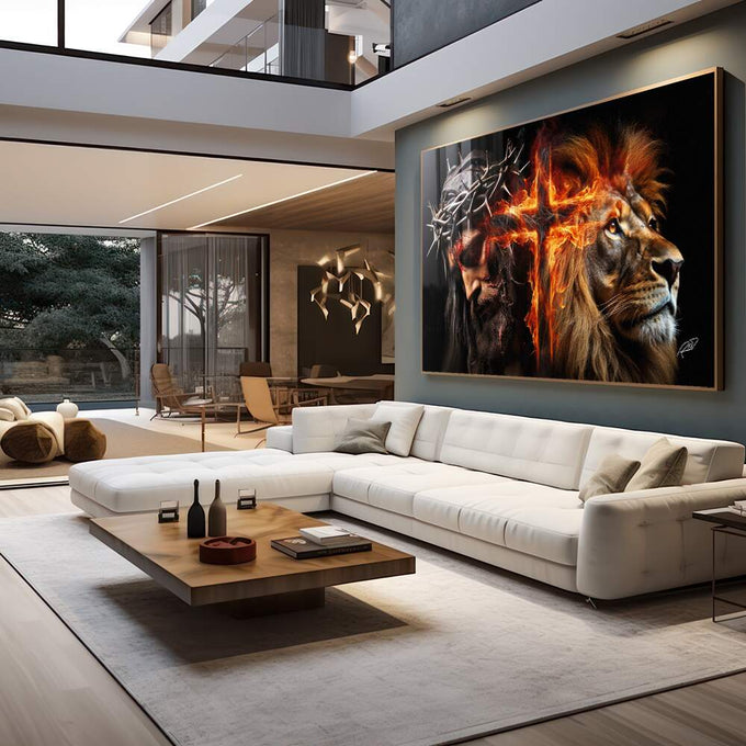 Quadro Decorativo Família de Judá: Cruz em Chamas - Arte com Significado e Estilo - quadros decorativos para sala 1 Tela, 1 Tela Horizontal - em living room premium