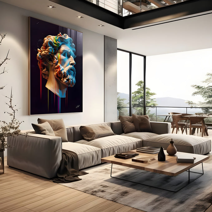 Busto grego de deus barbado com escorridos de tinta arco-íris sobre fundo preto, quadro decorativo