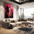 Retrato de Frida Kahlo com coroa de rosas, brincos dourados e fundo de flores rosa, quadro decorativo