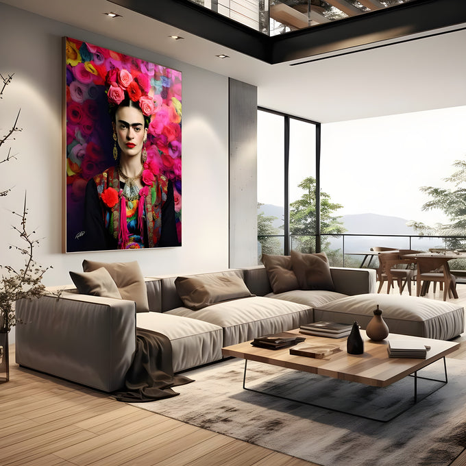 Retrato de Frida Kahlo com coroa de rosas, brincos dourados e fundo de flores rosa, quadro decorativo