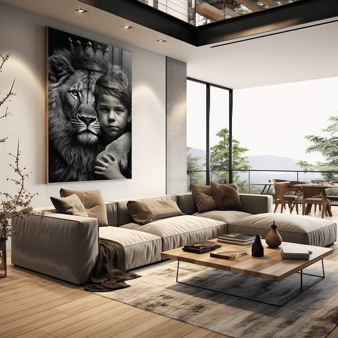 Quadro Decorativo Elegante Leão com Menino - Arte em Canvas Premium - quadros decorativos para sala 1 Tela Vertical, 3 Telas - em living room premium