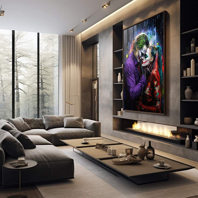 Quadro Decorativo Coringa e Alerquina na Chuva - Estilo e Cor para Sua Casa - quadros decorativos para sala 1 Tela Vertical, 3 Telas - em living room premium