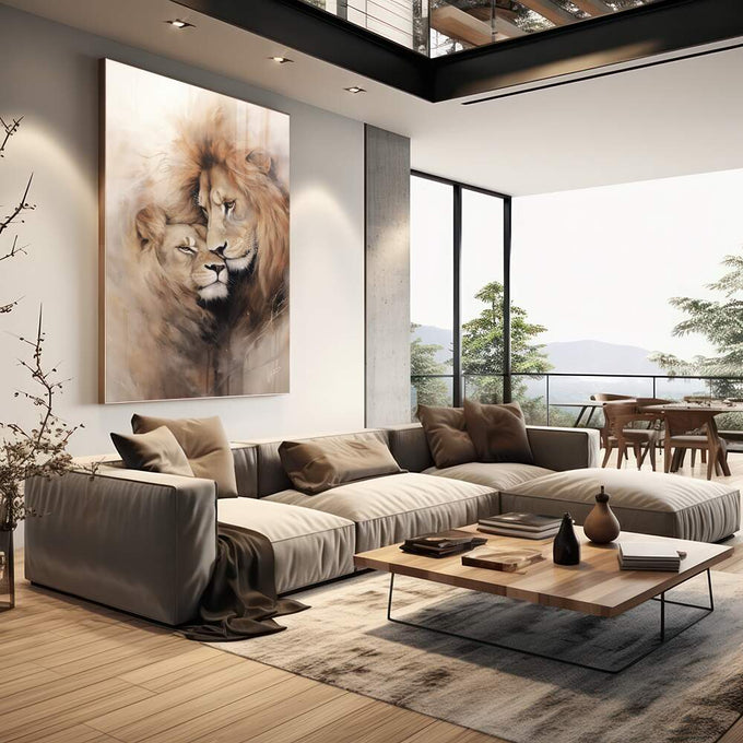 Quadro Decorativo Leões em Harmonia - Arte para Sala e Quarto - quadros decorativos para sala 1 Tela Vertical, 3 Telas - em living room premium