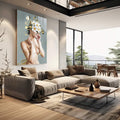 Quadro Decorativo Mulher com Cabeça de Flores - Elegância e Sofisticação para Seu Ambiente - quadros decorativos para sala 1 Tela Vertical, 3 Telas - em living room premium