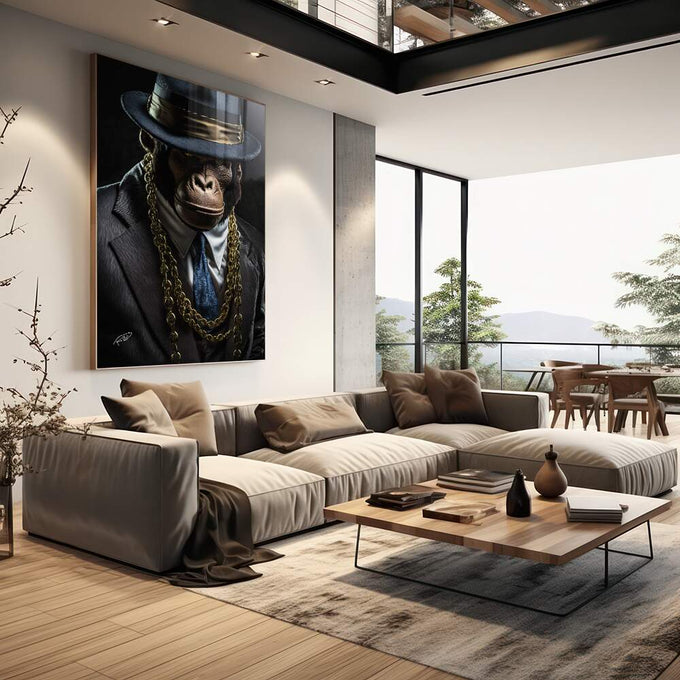 Quadro Decorativo Macaco Gangster - Arte Exclusiva para Transformar sua Decoração - quadros decorativos para sala 1 Tela Vertical, 3 Telas - em living room premium