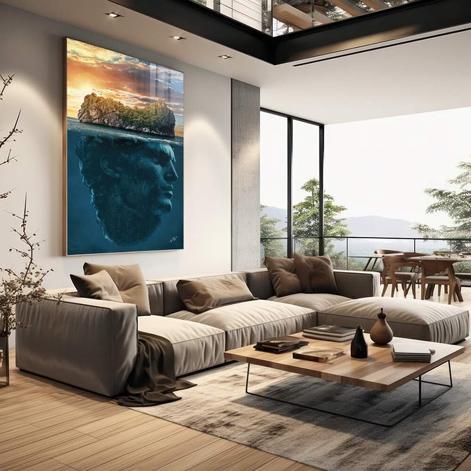 Quadro Decorativo Ilha com Cabeça - Estilo Sofisticado para Ambientes Modernos - quadros decorativos para sala 1 Tela Vertical, 3 Telas - em living room premium