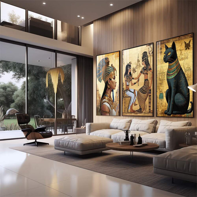 Quadro Decorativo Mitologia Egípcia - Arte e Elegância para Sua Parede - quadros decorativos para sala 1 Tela Vertical, 3 Telas - em living room premium
