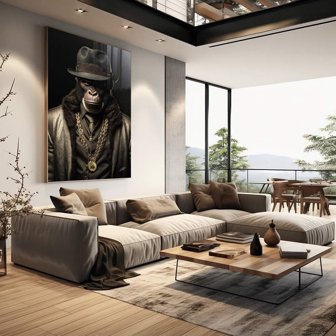 Quadro Decorativo Macaco Gangster - Arte Moderna e Sofisticada para Ambientes Ousados - quadros decorativos para sala 1 Tela Vertical, 3 Telas - em living room premium