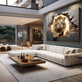 Quadro Decorativo Premium: Leão Quebrando Parede em Aura Dourada - quadros decorativos 1 Tela, 1 Tela Horizontal - em sala moderna