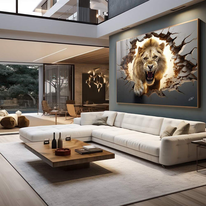 Quadro Decorativo Premium: Leão Quebrando Parede em Aura Dourada - quadros decorativos 1 Tela, 1 Tela Horizontal - em sala moderna