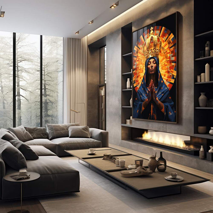 Quadro Decorativo Abstrato Nossa Senhora da Aparecida - Arte Sofisticada para sua Decoração - quadros decorativos 1 Tela Vertical, 3 Telas - em sala moderna