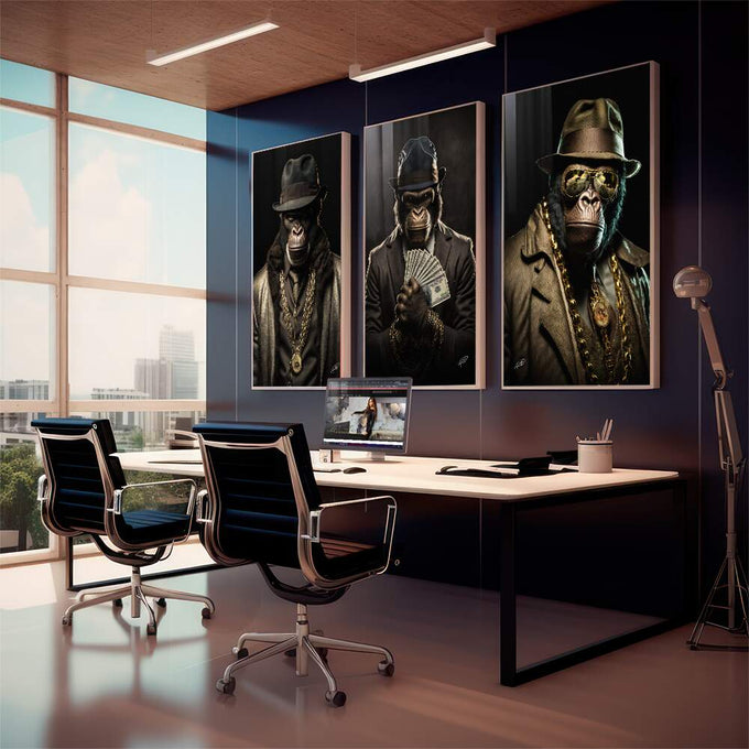 Quadro Decorativo Trio de Macacos Gangsteres - Estilo Único e Moderno - quadros decorativos 1 Tela Vertical, 3 Telas - em sala moderna