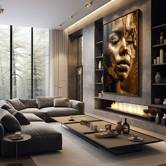 Quadro Decorativo Elegante Golden Face 2 - Arte Moderna para Sua Casa - quadros decorativos 1 Tela Vertical, 3 Telas - em sala moderna