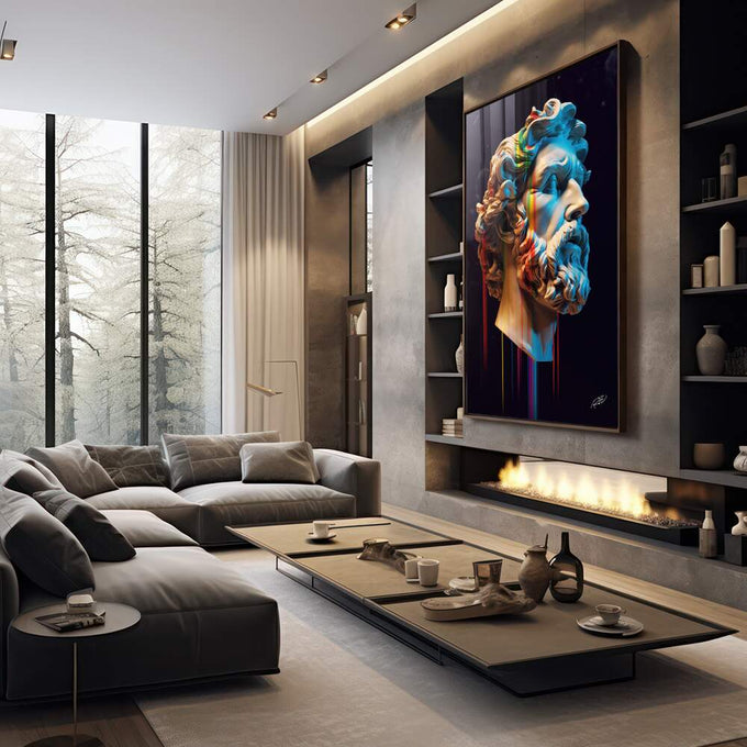 Quadro Decorativo Mitologia Grega - Elegância e Cultura para sua Parede - quadros decorativos 1 Tela Vertical, 3 Telas - em sala moderna