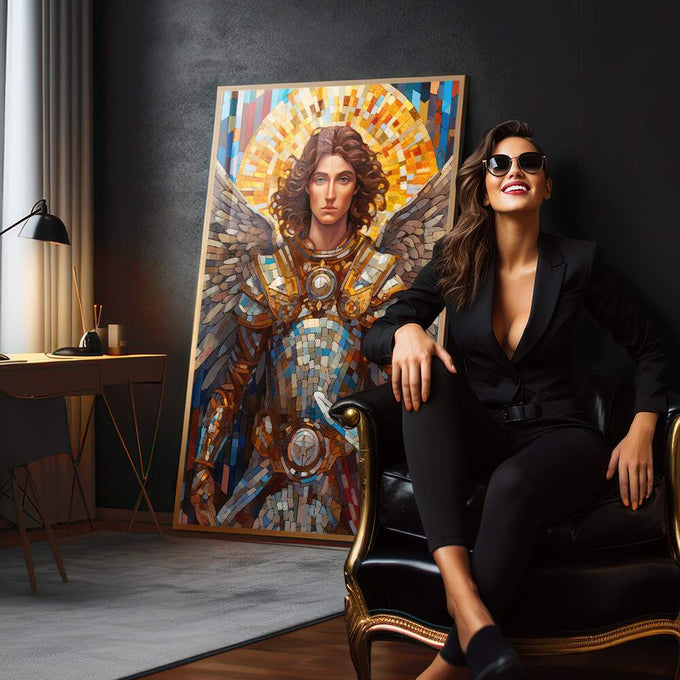 Quadro Decorativo Arcanjo Miguel - Elegância e Estilo para sua Decoração - quadros decorativos 1 Tela Vertical, 3 Telas - em sala moderna